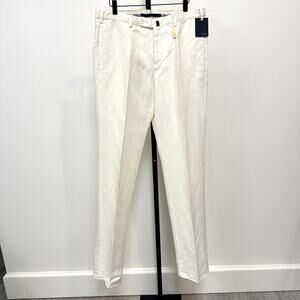 Incotex Nassau Ivory Casual Straight Leg Chino Pant 35 NEW Linen Pleated Trouser